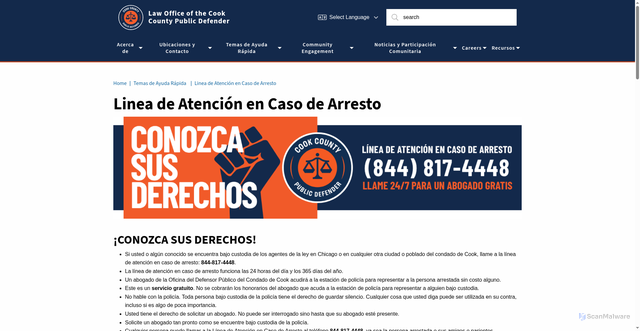 Security scan screenshot of https://www.cookcountypublicdefender.org/es/Quick-Help-Topics/arrest-hotline