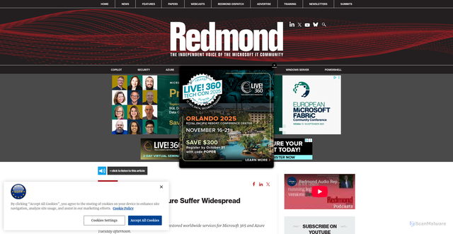 Security scan screenshot of https://redmondmag.com/articles/2024/07/30/microsoft-365-and-azure-suffer-widespread-outage.aspx