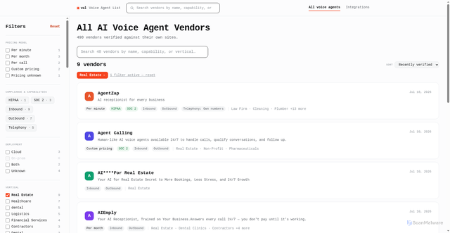 Security scan screenshot of https://voiceagentlist.com/vendors?vertical=Real+Estate
