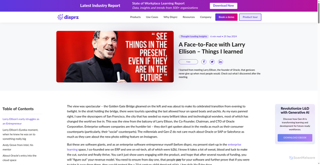 Security scan screenshot of https://disprz.ai/blog/meeting-larry-ellison-oracle-founder