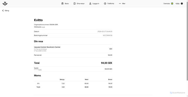 Security scan screenshot of https://www.sj.se/kvitto/d738a419-5ad7-4658-9398-35338015fad7