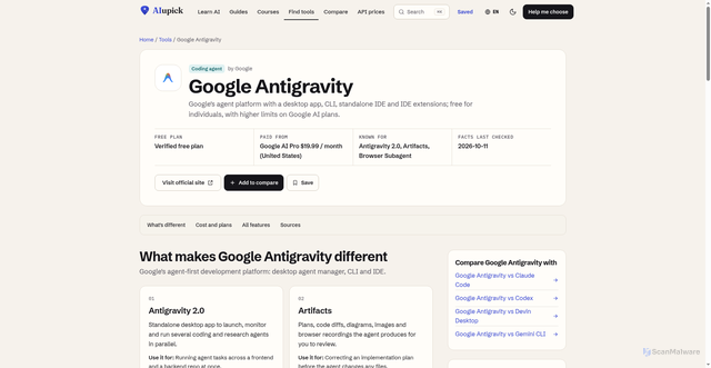 Security scan screenshot of https://aiupick.com/tools/google-antigravity