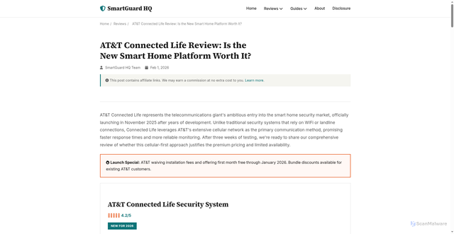 Security scan screenshot of https://smartguardhq.com/articles/att-connected-life-review