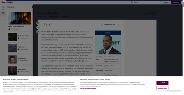 Security scan screenshot of https://the-rap-database.fandom.com/wiki/Jay-Z