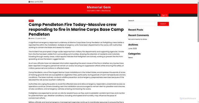 Security scan screenshot of https://memorialgem.today/camp-pendleton-fire-today-massive-crew-responding-to-fire-in-marine-corps-base-camp-pendleton/