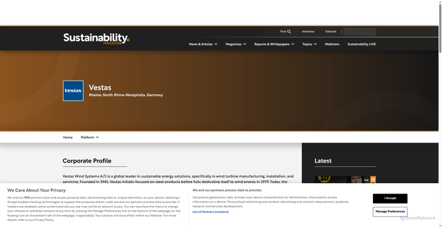 Security scan screenshot of https://sustainabilitymag.com/company/vestas