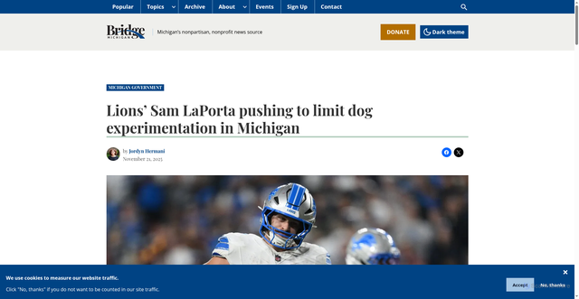 Security scan screenshot of https://bridgemi.com/michigan-government/lions-sam-laporta-pushing-to-limit-dog-experimentation-in-michigan/
