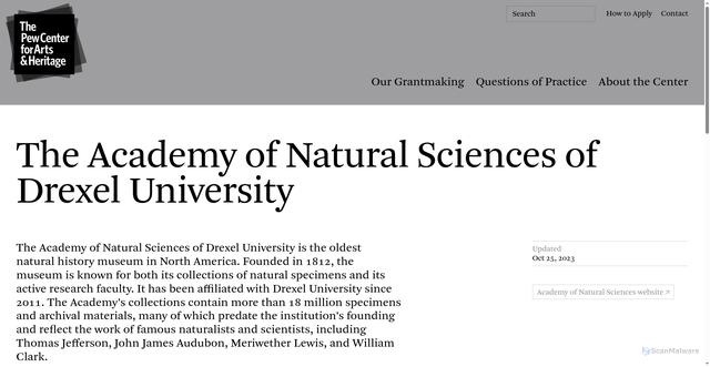 Security scan screenshot of https://www.pewcenterarts.org/organization/academy-natural-sciences-drexel-university