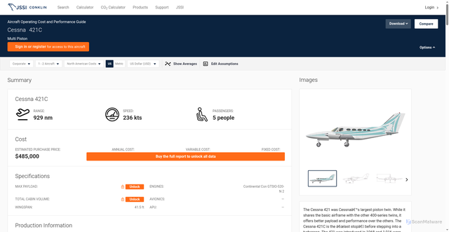 Security scan screenshot of https://conklindedecker.jetsupport.com/details/Cessna%20421C