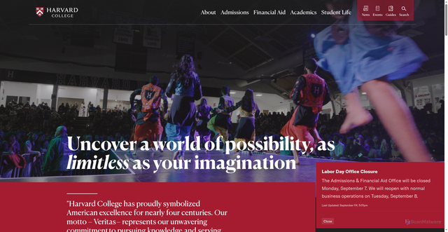 Security scan screenshot of https://college.harvard.edu