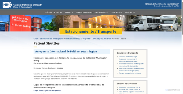Security scan screenshot of https://salud.ors.od.nih.gov/estacionamiento-transporte/servicios_para_pacientes/Pages/BWI.aspx