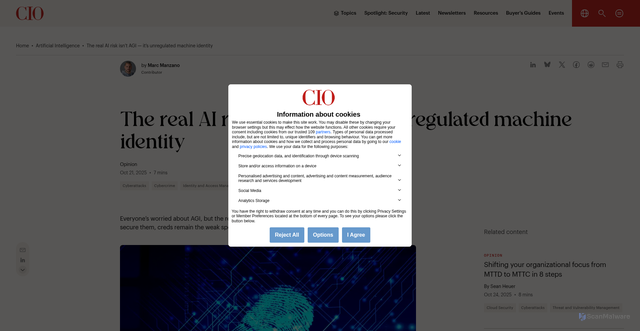 Security scan screenshot of https://www.cio.com/article/4075672/the-real-ai-risk-isnt-agi-its-unregulated-machine-identity.html