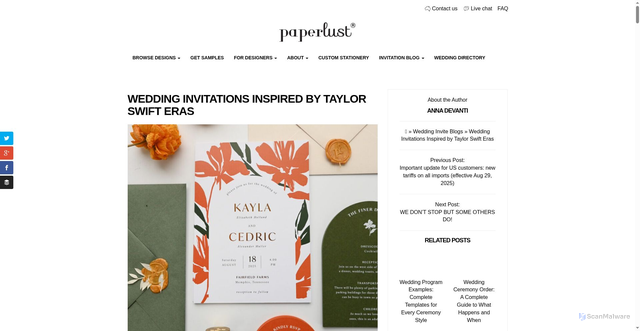 Security scan screenshot of https://paperlust.co/blog/wedding-invitations-inspired-by-5-taylor-swift-eras/