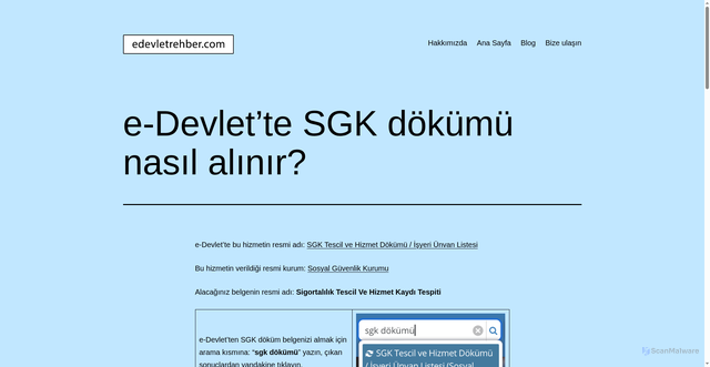 Security scan screenshot of https://edevletrehber.com/e-devletten-sgk-dokumu-nasil-alinir/