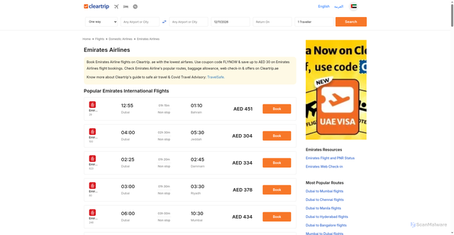 Security scan screenshot of https://www.cleartrip.ae/flight-booking/emirates-airlines.html