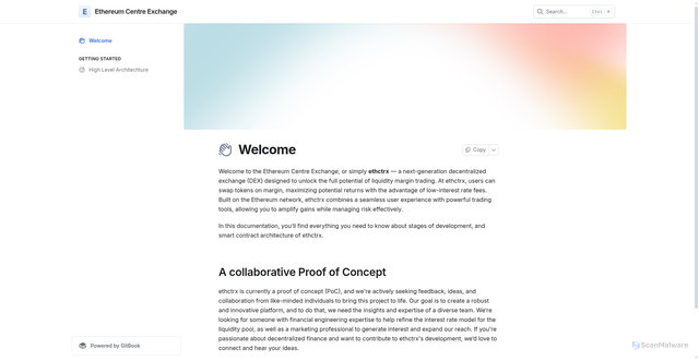 Security scan screenshot of https://ethctrx.gitbook.io/ethereum-centre-exchange/