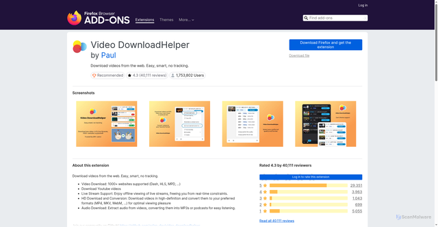 Security scan screenshot of https://addons.mozilla.org/en-US/firefox/addon/video-downloadhelper/