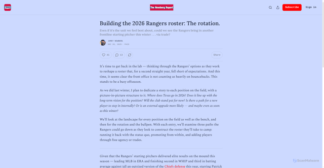 Security scan screenshot of https://newbergreport.substack.com/p/building-the-2026-rangers-roster-f5b?action=share