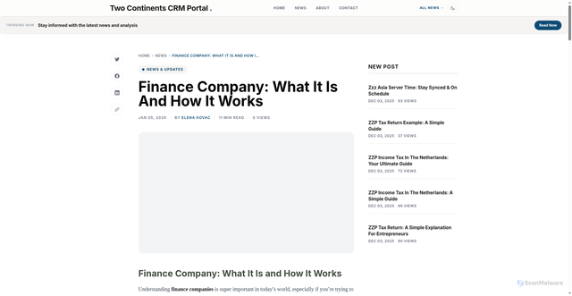 Security scan screenshot of https://crm.twocontinents.com/blog/finance-company-what-it-is-and-how-it-works-1767647787