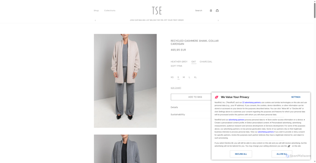 Security scan screenshot of https://tsecashmere.com/products/recycled-cashmere-shawl-collar-cardigan-tn04r21?srsltid=AU7gw4Va6hFuo1juRdNY2BACJAg7GZmaVWmp3qxCrwsX4UVvfibozVJk