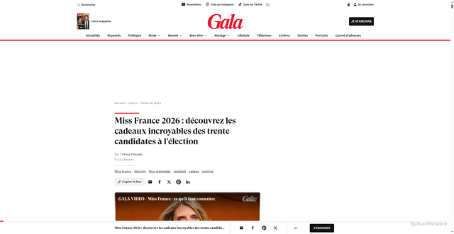Security scan screenshot of https://www.gala.fr/l_actu/news_de_stars/miss-france-2026-decouvrez-les-cadeaux-incroyables-des-trente-candidates-a-l-election-20251206