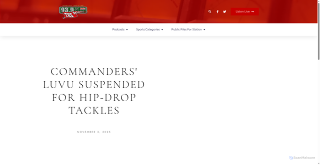 Security scan screenshot of https://www.939thescore.com/commanders-luvu-suspended-for-hip-drop-tackles/