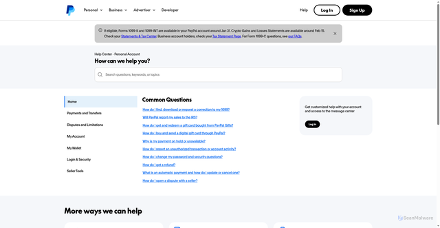 Security scan screenshot of https://www.paypal.com/us/cshelp/personal