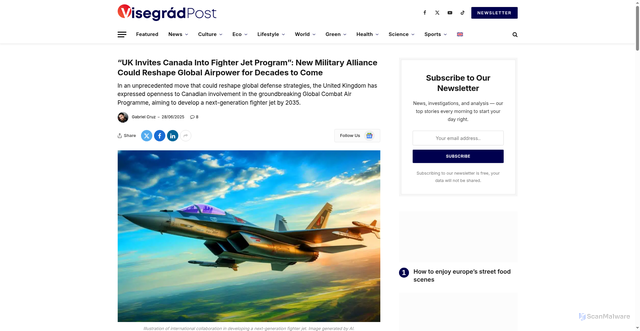 Security scan screenshot of https://visegradpost.com/en/2025/06/28/uk-invites-canada-into-fighter-jet-program-new-military-alliance-could-reshape-global-airpower-for-decades-to-come/