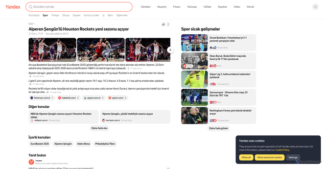 Security scan screenshot of https://yandex.com.tr/sports/all-star-alperen-sengun-nba-de-yeni-sezonda-sampiyonluk-yuzugunu-hedefliyor-5166690