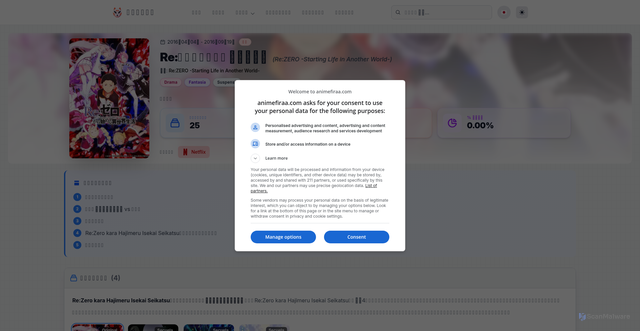 Security scan screenshot of https://animefiraa.com/anime/re-zero-kara-hajimeru-isekai-seikatsu