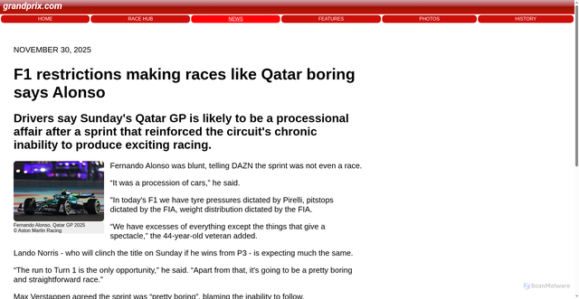 Security scan screenshot of https://www.grandprix.com/news/f1-restrictions-making-races-like-qatar-boring-says-alonso.html