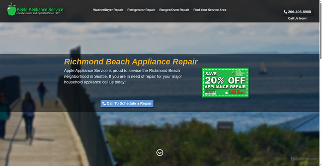 Security scan screenshot of https://appleapplianceservice.com/service-areas/richmond-beach/