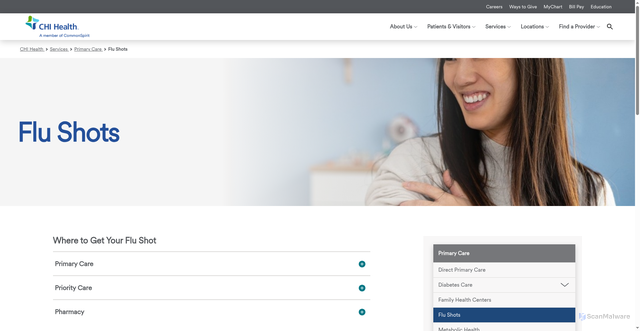 Security scan screenshot of https://www.chihealth.com/services/primary-care/flu-shots