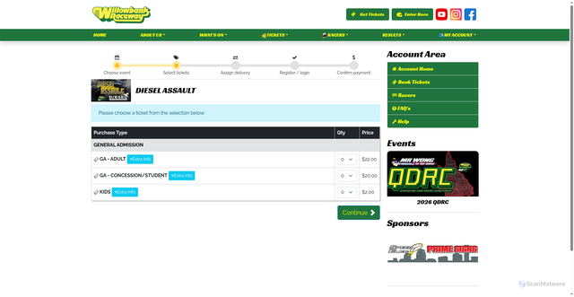 Security scan screenshot of https://willowbankraceway.com.au/tickets/diesel%20assault/