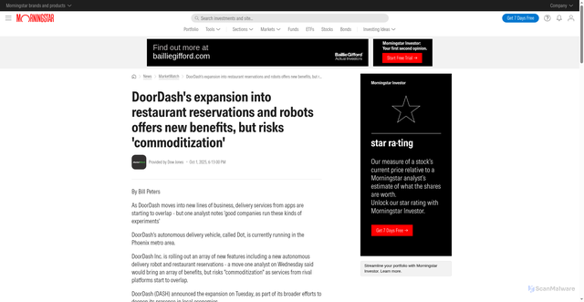 Security scan screenshot of https://www.morningstar.com/news/marketwatch/20251001193/doordashs-expansion-into-restaurant-reservations-and-robots-offers-new-benefits-but-risks-commoditization