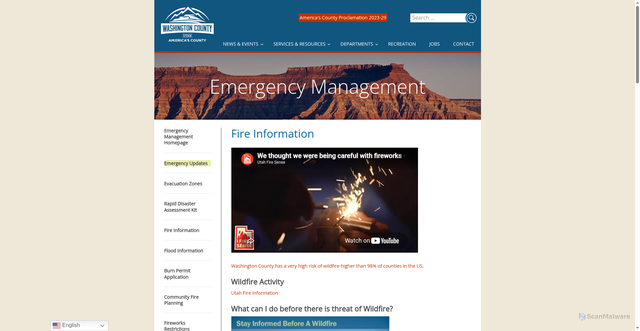 Security scan screenshot of https://www.washco.utah.gov/departments/emergency-management/fire-information/