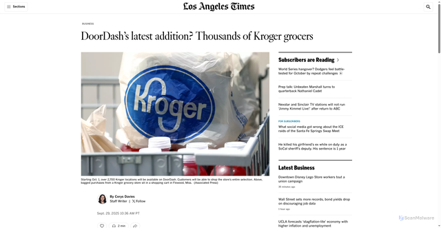 Security scan screenshot of https://www.latimes.com/business/story/2025-09-29/kroger-and-doordash-expand-their-partnership-deliver-groceries
