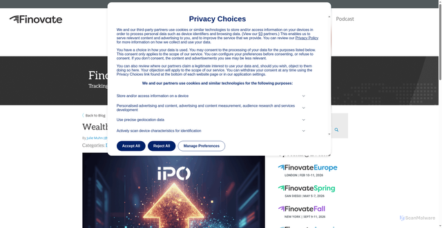 Security scan screenshot of https://finovate.com/wealthfront-files-s-1-targeting-2-billion-ipo/