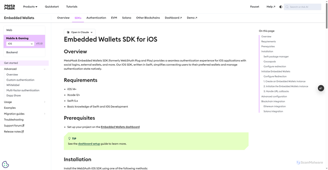 Security scan screenshot of https://metamask-docs-l8lvh00ol-consensys-ddffed67.vercel.app/embedded-wallets/sdk/ios