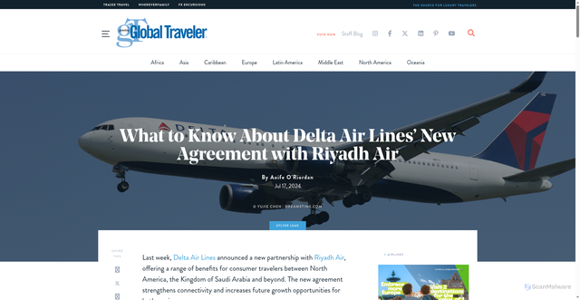 Security scan screenshot of https://www.globaltravelerusa.com/what-to-know-about-delta-air-lines-new-agreement-with-riyadh-air/