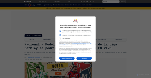Security scan screenshot of https://www.colombia.com/futbol/liga-colombiana/atletico-nacional-sera-local-ante-independiente-medellin-por-los-cuadrangulares-554002