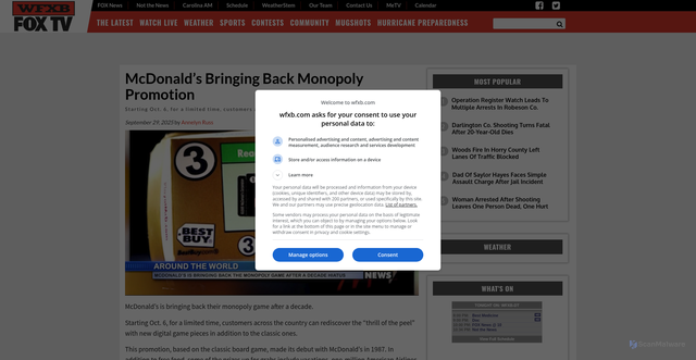 Security scan screenshot of https://www.wfxb.com/2025/09/29/mcdonalds-bringing-back-monopoly-promotion-after-a-decade/