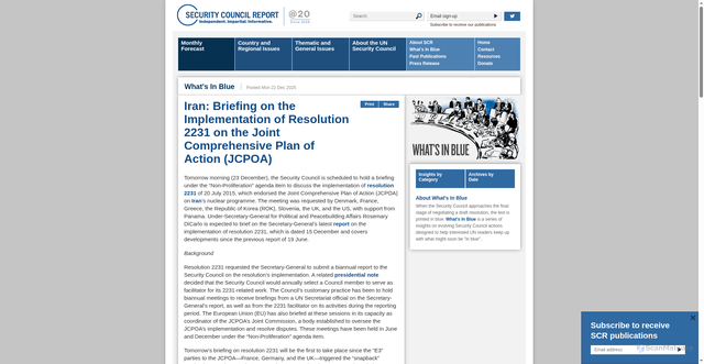 Security scan screenshot of https://www.securitycouncilreport.org/whatsinblue/2025/12/iran-briefing-on-the-implementation-of-resolution-2231-on-the-joint-comprehensive-plan-of-action-jcpoa.php