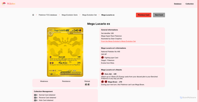 Security scan screenshot of https://www.tcgdex.net/database/Mega-Evolution/Mega-Evolution/188-Mega-Lucario-ex