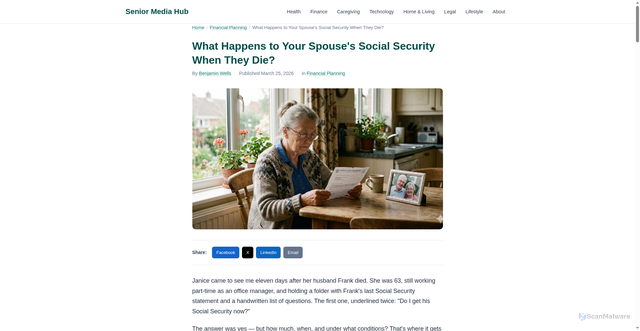 Security scan screenshot of https://senior-media-hub.pages.dev/what-happens-to-your-spouses-social-security-when-they-die/
