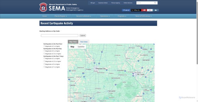Security scan screenshot of https://sema.dps.mo.gov/earthquake_preparedness/earthquake_map.php