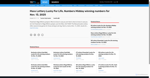 Security scan screenshot of https://article.wn.com/view/2025/11/14/Mass_Lottery_Lucky_For_Life_Numbers_Midday_winning_numbers_f/