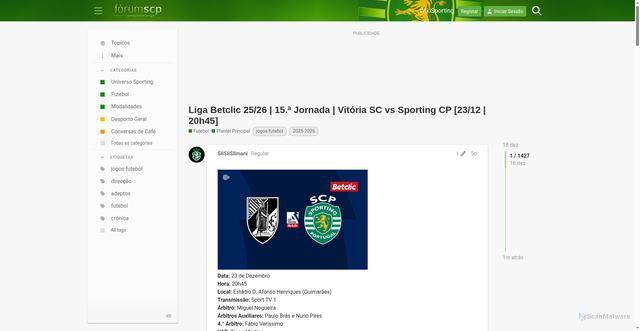 Security scan screenshot of https://www.forumscp.com/t/liga-betclic-2526-15%C2%AA-jornada-vit%C3%B3ria-sc-vs-sporting-cp-2312-20h45/81402