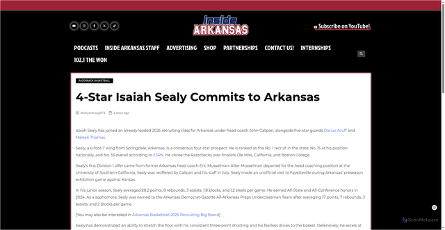 Security scan screenshot of https://insidearkansas.com/4-star-isaiah-sealy-commits-to-arkansas/