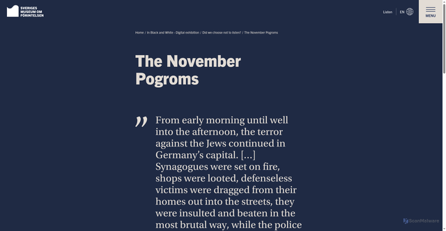 Security scan screenshot of https://museumforintelsen.se/en/in-black-and-white-digital-exhibition/did-we-choose-not-to-listen/the-november-pogroms/
